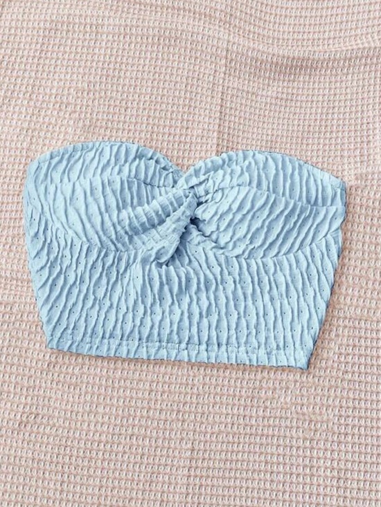 Tops - Light Blue Textured Twist-Front Bandeau Top